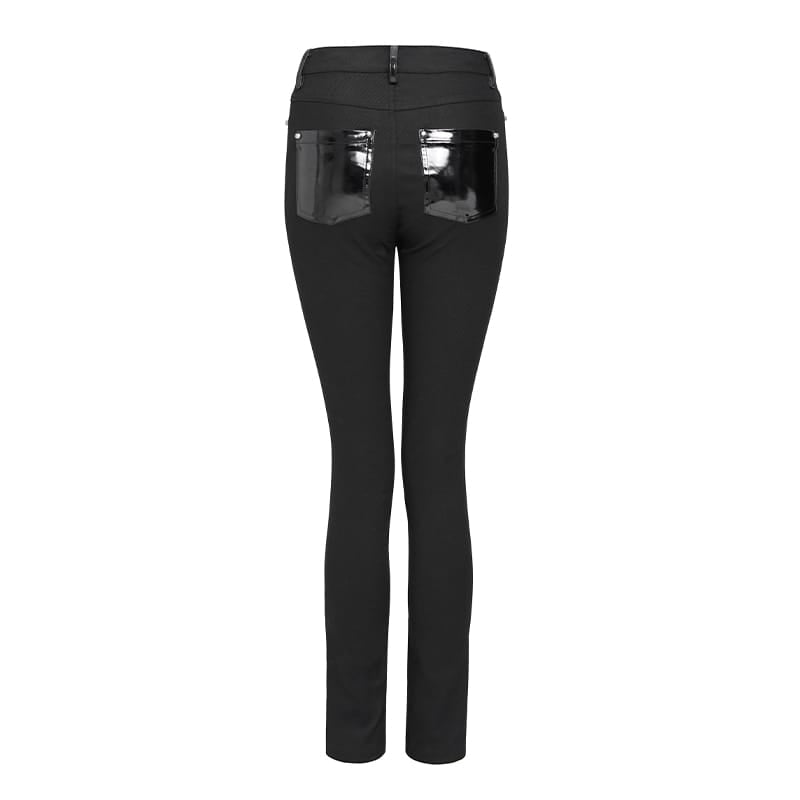 DEVIL FASHION Women's Punk Buckle Strap Patent Faux Leather Spliced Skinny Pants