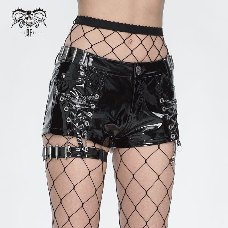 DEVIL FASHION Women's Punk Chain Buckle Faux Leather Shorts