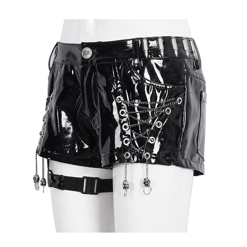DEVIL FASHION Women's Punk Chain Buckle Faux Leather Shorts