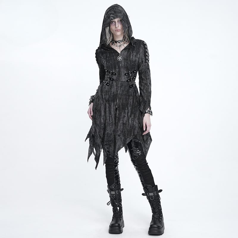 DEVIL FASHION Women's Punk Chain-Detailed Ripped Irregular Hooded Coat