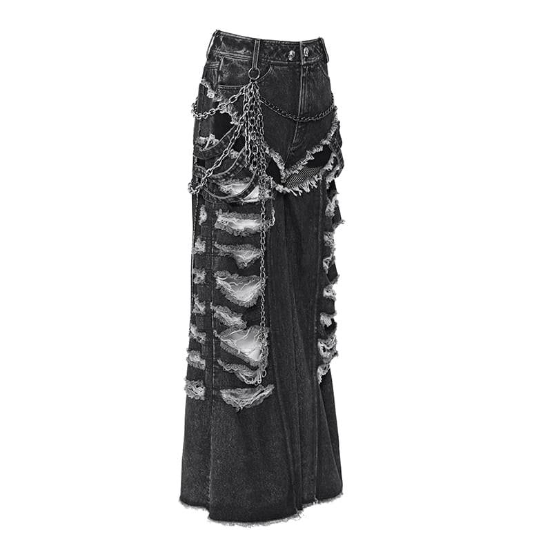 DEVIL FASHION Women's Punk Chained Ripped Raw Edge Wide Leg Jeans