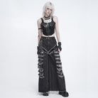 DEVIL FASHION Women's Punk Chained Ripped Raw Edge Wide Leg Jeans