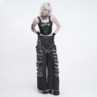 DEVIL FASHION Women's Punk Chained Ripped Raw Edge Wide Leg Jeans