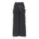 DEVIL FASHION Women's Punk Chained Ripped Raw Edge Wide Leg Jeans