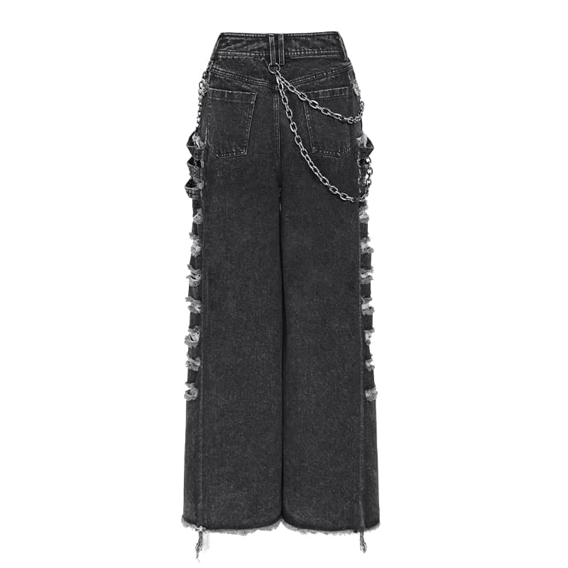 DEVIL FASHION Women's Punk Chained Ripped Raw Edge Wide Leg Jeans