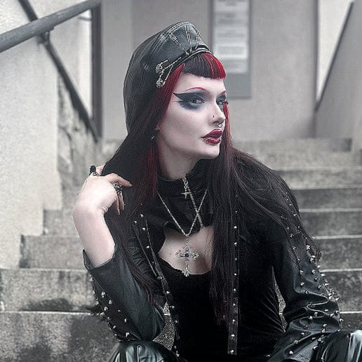 PUNK少女レザー トップハット ブラック レッド ジッパー装飾 Women's Punk Clips Faux Leather Hat – Punk Design
