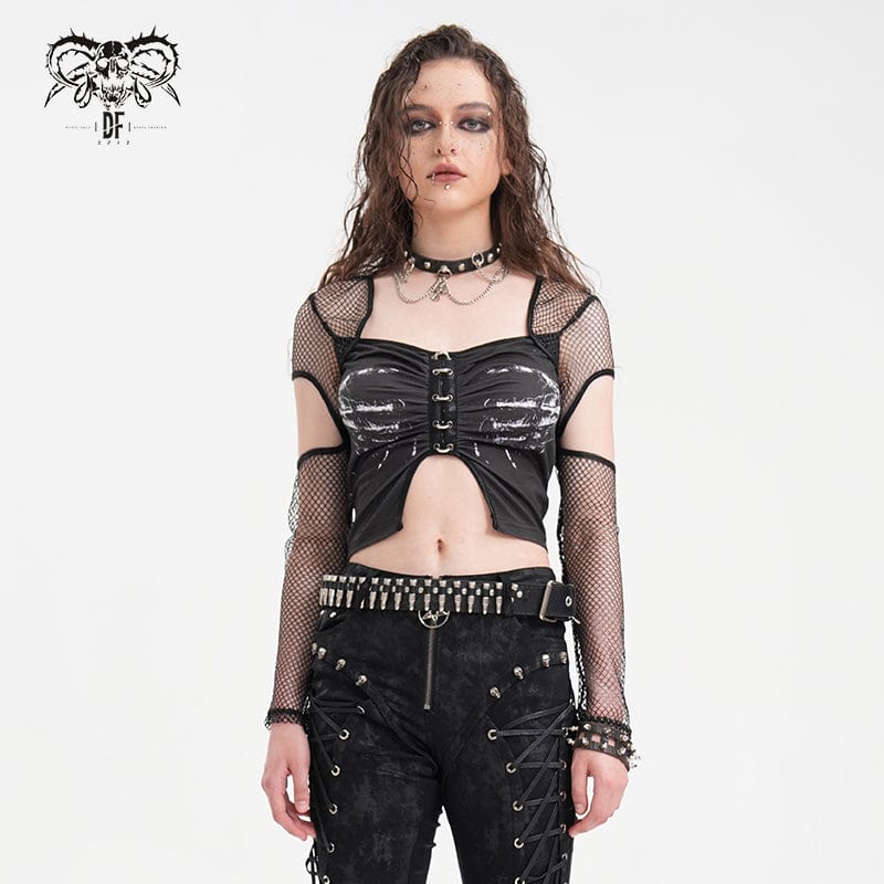 DEVIL FASHION Women's Punk Cut-out Mesh Long Sleeve Crop Top