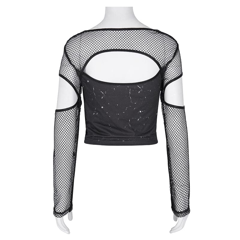 DEVIL FASHION Women's Punk Cut-out Mesh Long Sleeve Crop Top