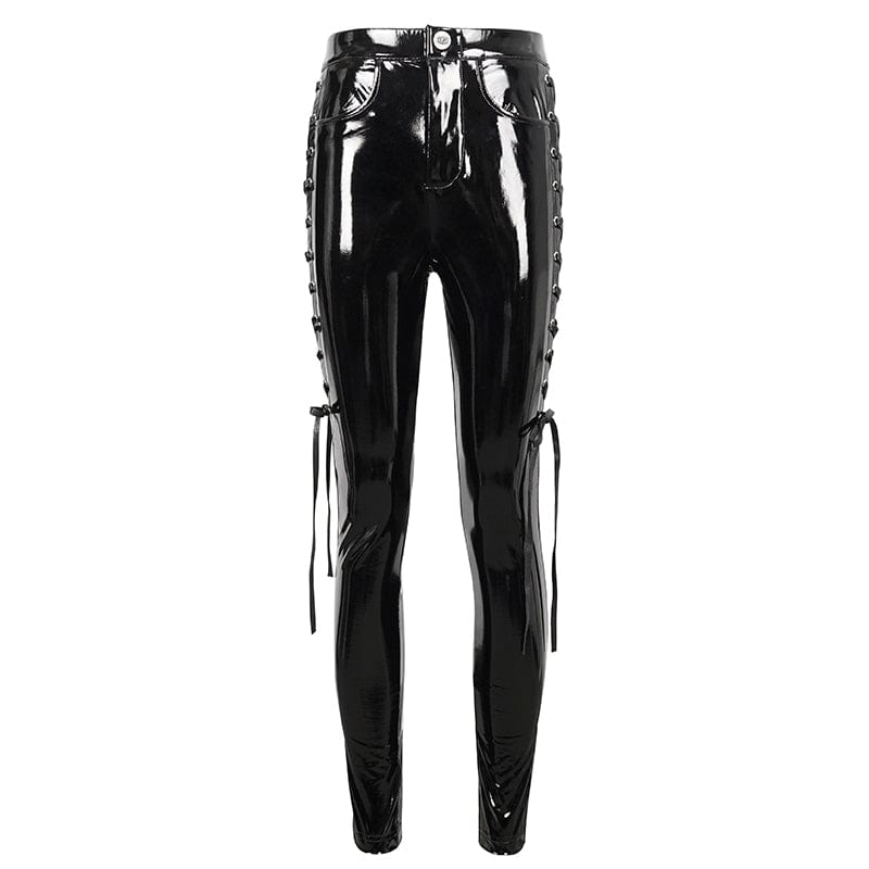 DEVIL FASHION Women's Punk Cutout Lace-up Patent Leather Pants