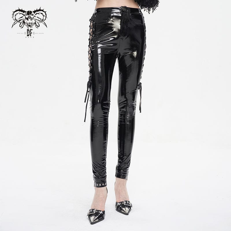 DEVIL FASHION Women's Punk Cutout Lace-up Patent Leather Pants
