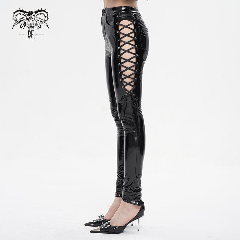 DEVIL FASHION Women's Punk Cutout Lace-up Patent Leather Pants