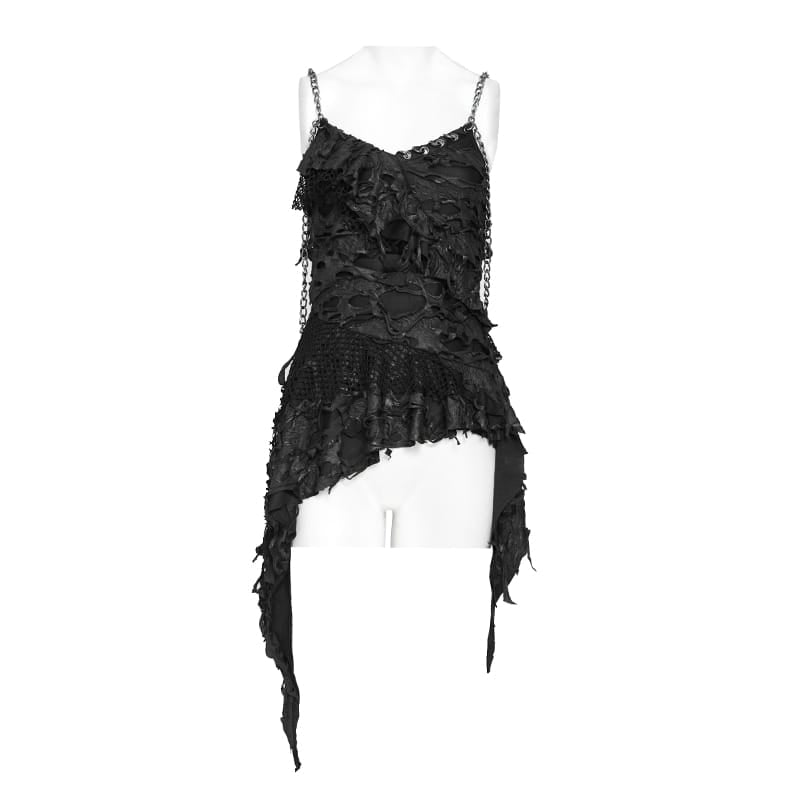 DEVIL FASHION Women's Punk Distressed Chained Asymmetric Tank Top