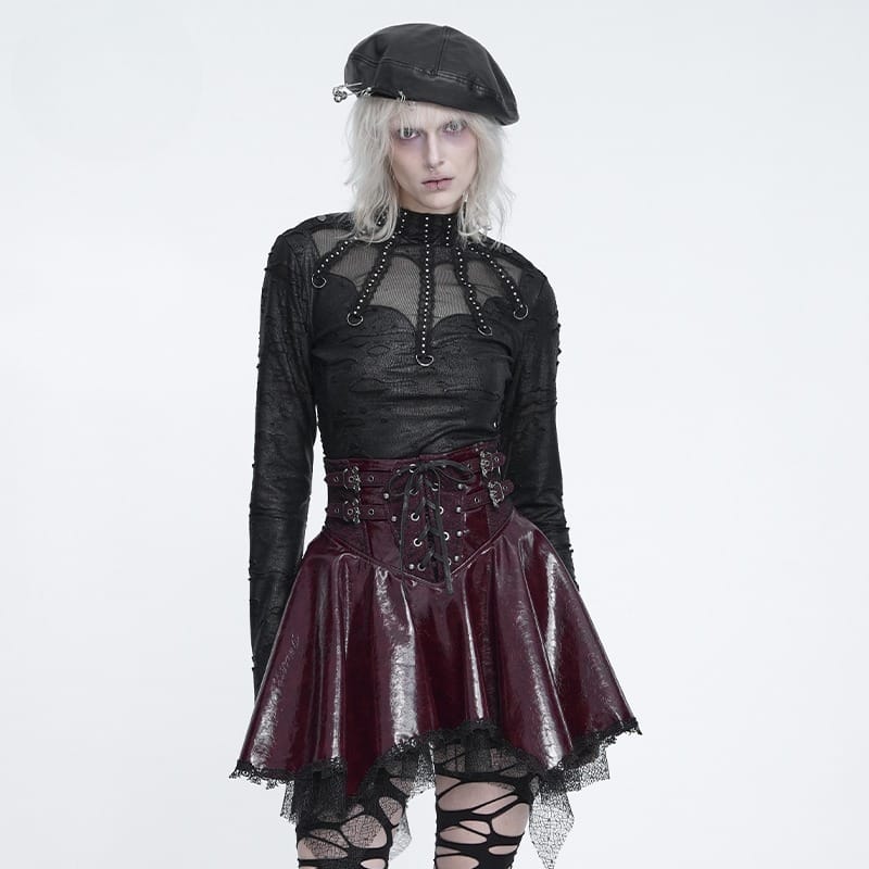 DEVIL FASHION Women's Punk Distressed Mock Neck Long Sleeve Top