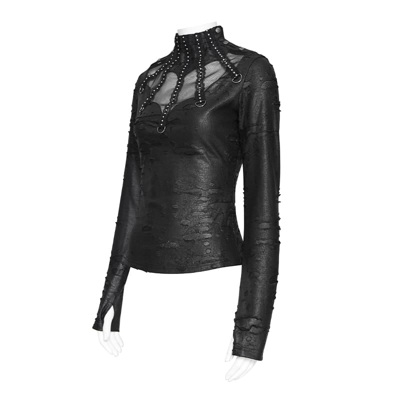 DEVIL FASHION Women's Punk Distressed Mock Neck Long Sleeve Top
