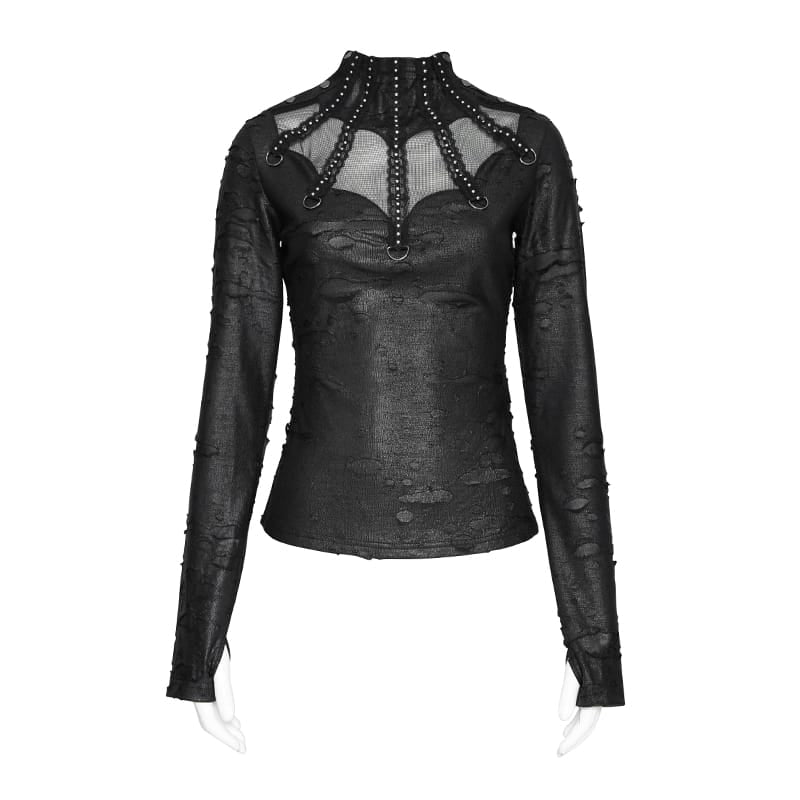 DEVIL FASHION Women's Punk Distressed Mock Neck Long Sleeve Top