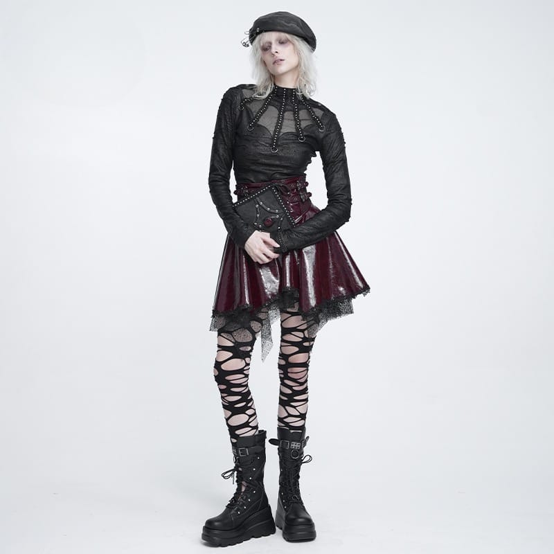 DEVIL FASHION Women's Punk Distressed Mock Neck Long Sleeve Top