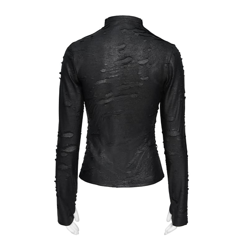 DEVIL FASHION Women's Punk Distressed Mock Neck Long Sleeve Top