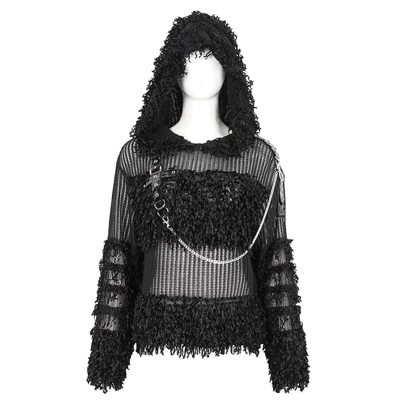 DEVIL FASHION Women's Punk Distressed Sheer Sweater with Hood and Chain