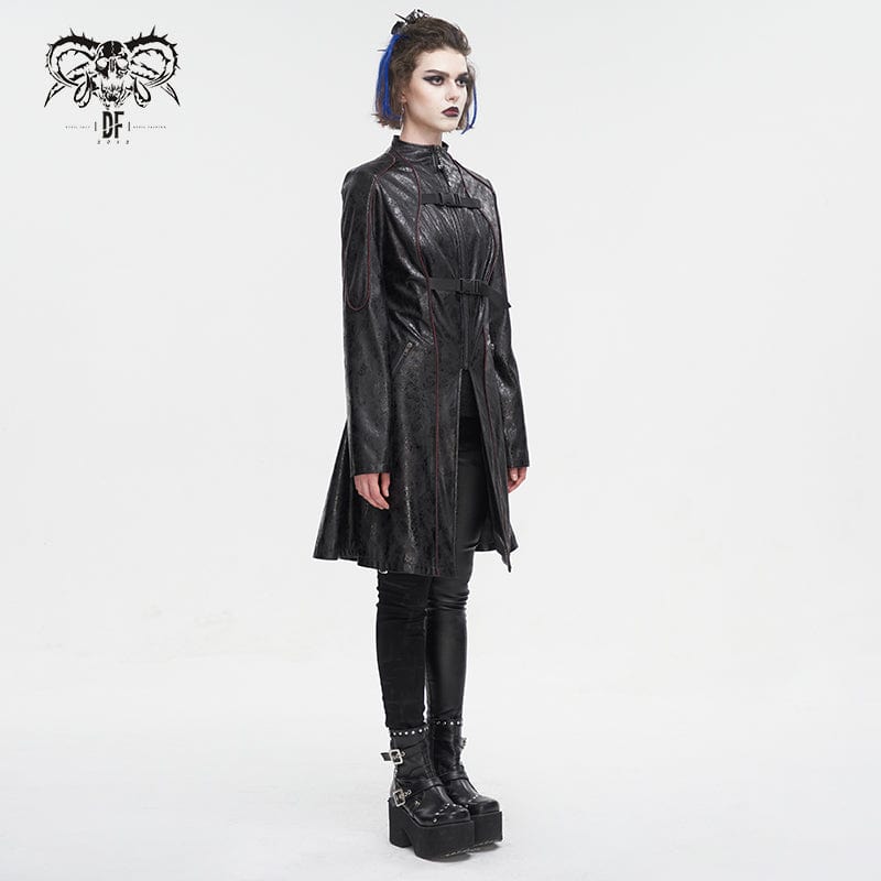 DEVIL FASHION Women's Punk Double-buckle Faux Leather Coat Black