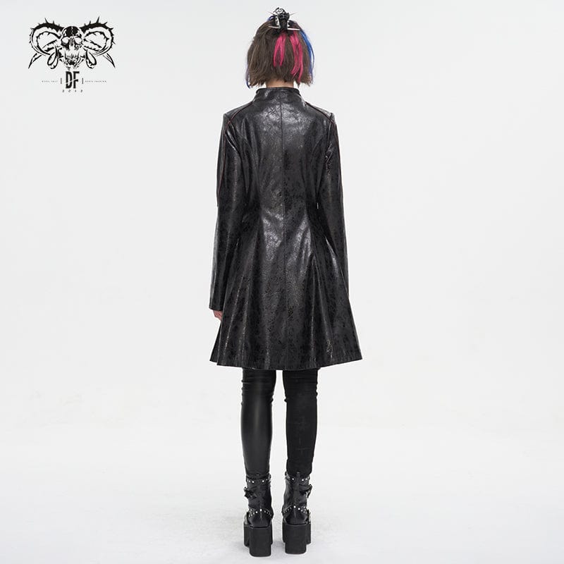 DEVIL FASHION Women's Punk Double-buckle Faux Leather Coat Black