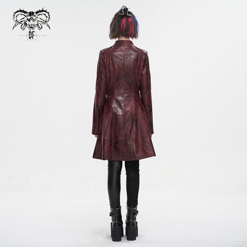 DEVIL FASHION Women's Punk Double-buckle Faux Leather Coat Red