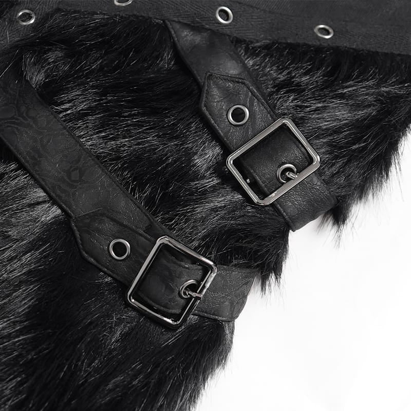 DEVIL FASHION Women's Punk Eyelets Chains Faux Fur Splice Flare Pants