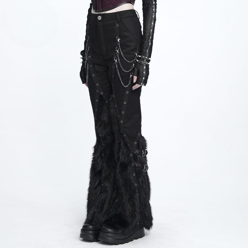DEVIL FASHION Women's Punk Eyelets Chains Faux Fur Splice Flare Pants
