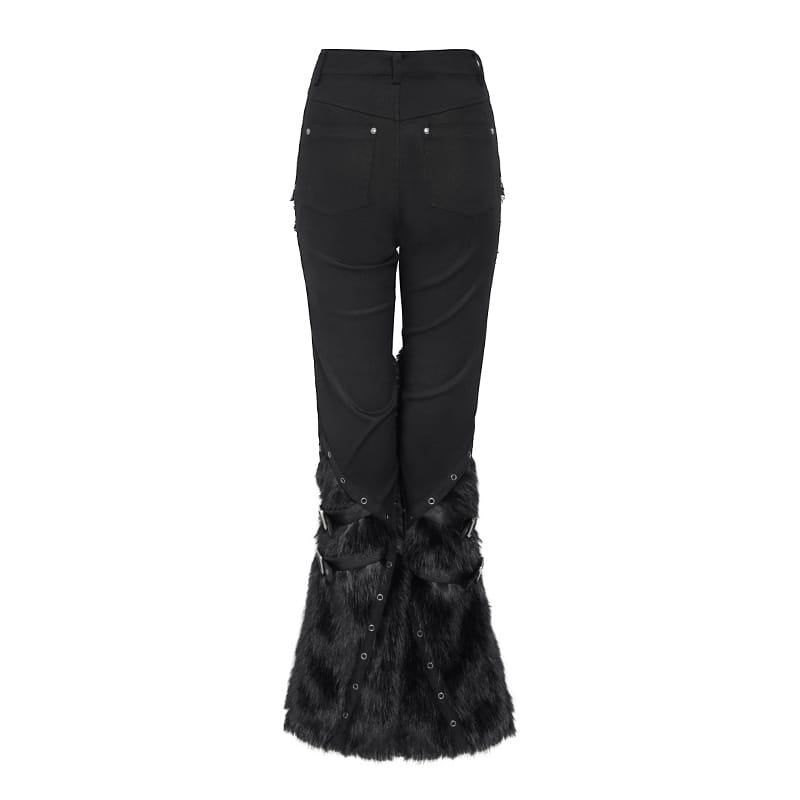 DEVIL FASHION Women's Punk Eyelets Chains Faux Fur Splice Flare Pants