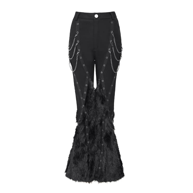 DEVIL FASHION Women's Punk Eyelets Chains Faux Fur Splice Flare Pants
