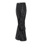 DEVIL FASHION Women's Punk Eyelets Chains Faux Fur Splice Flare Pants