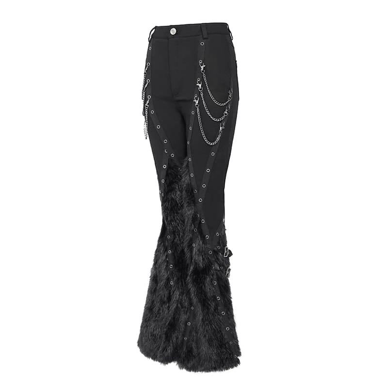 DEVIL FASHION Women's Punk Eyelets Chains Faux Fur Splice Flare Pants