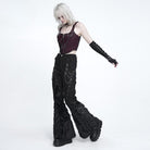 DEVIL FASHION Women's Punk Eyelets Chains Faux Fur Splice Flare Pants