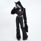 DEVIL FASHION Women's Punk Eyelets Chains Faux Fur Splice Flare Pants