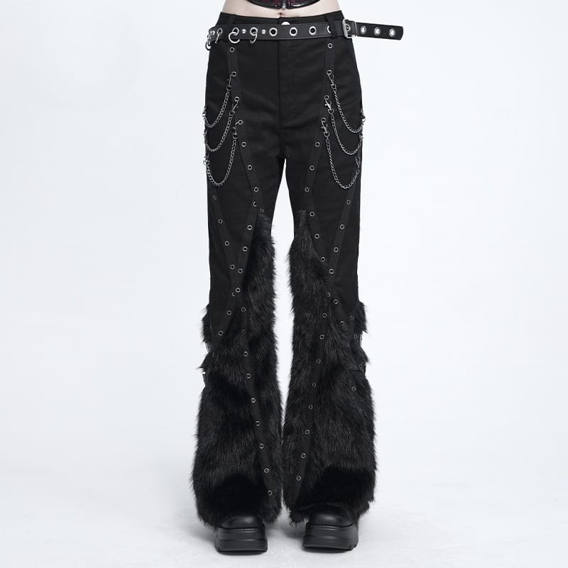 DEVIL FASHION Women's Punk Eyelets Chains Faux Fur Splice Flare Pants