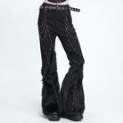DEVIL FASHION Women's Punk Eyelets Chains Faux Fur Splice Flare Pants