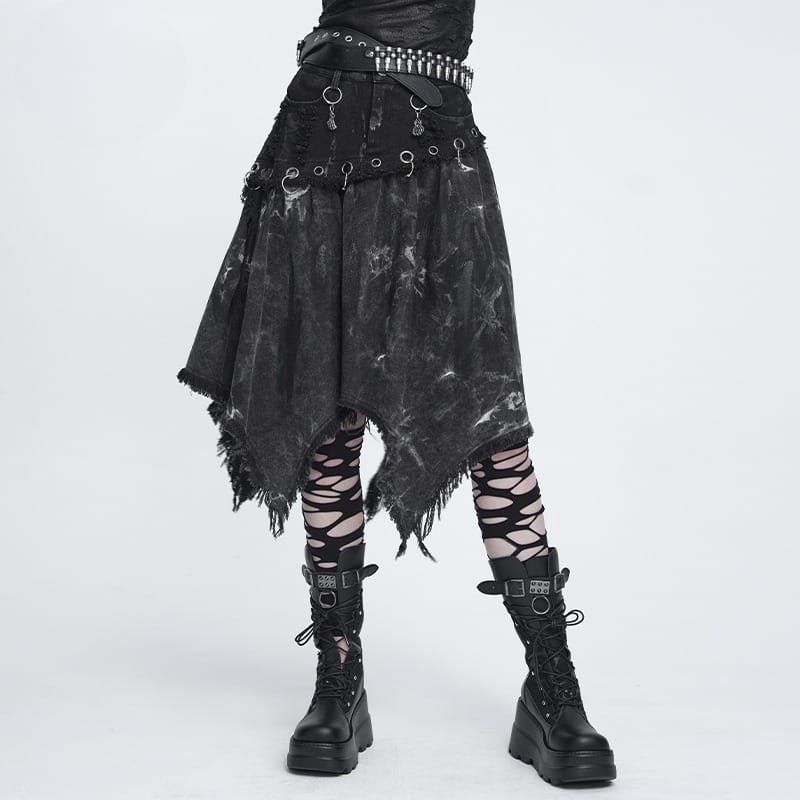 DEVIL FASHION Women's Punk Eyelets Rings Raw Edge Irregular Hem Skirt