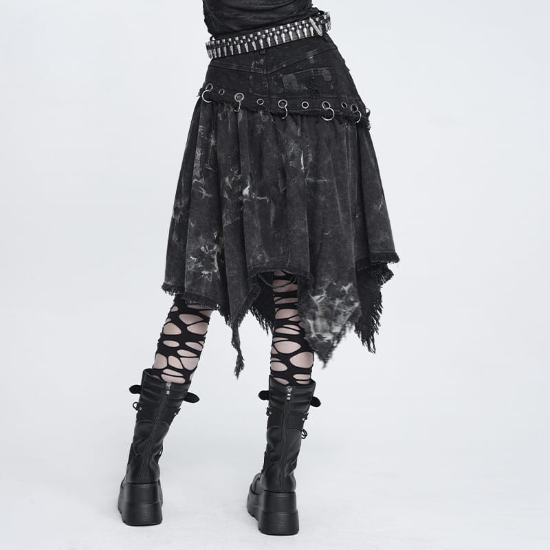 DEVIL FASHION Women's Punk Eyelets Rings Raw Edge Irregular Hem Skirt