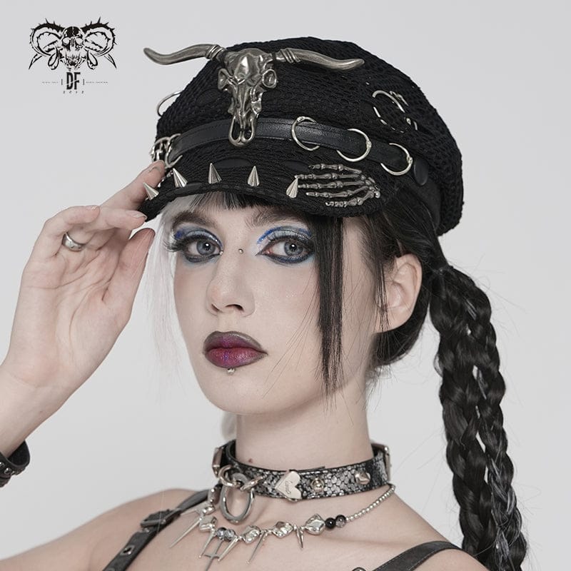 DEVIL FASHION Women's Punk Goat Skull Skeleton Hand Studded Hat