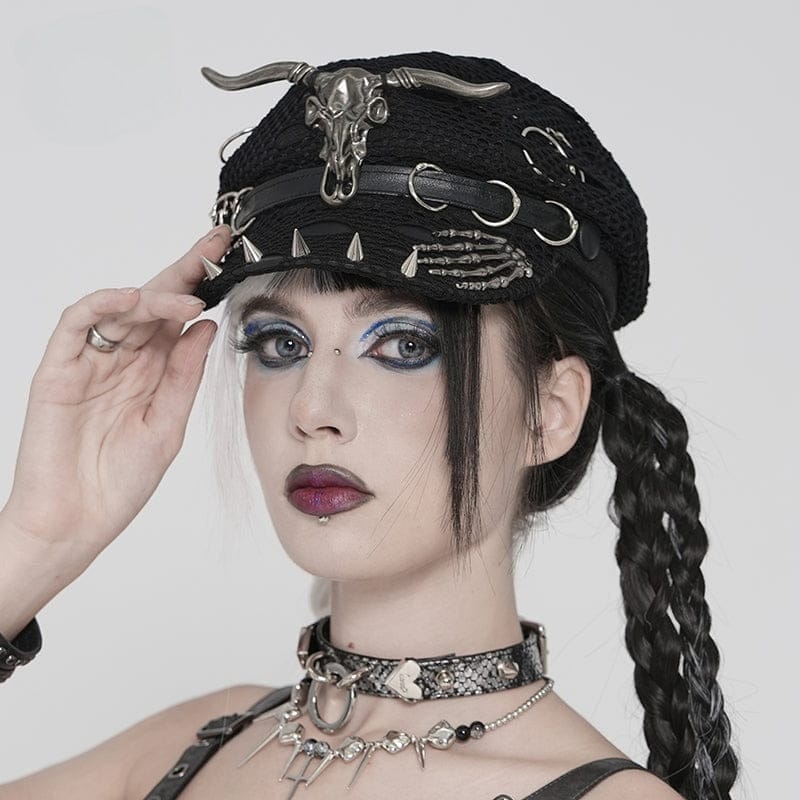 DEVIL FASHION Women's Punk Goat Skull Skeleton Hand Studded Hat