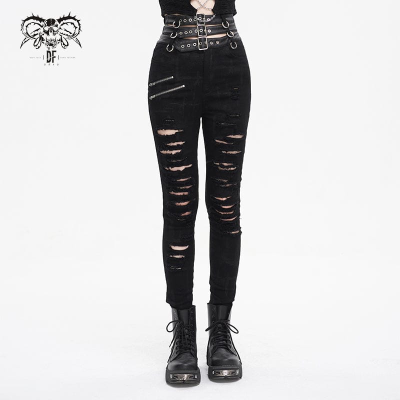 DEVIL FASHION Women's Punk High-waisted Ripped Buckle Pants