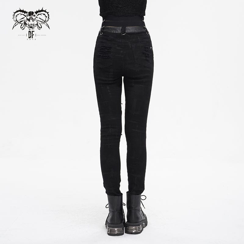 DEVIL FASHION Women's Punk High-waisted Ripped Buckle Pants