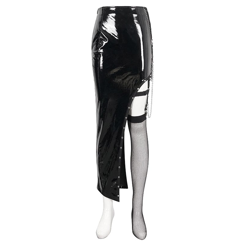 DEVIL FASHION Women's Punk Irregular Patent Leather Skirt with Mesh Stocking