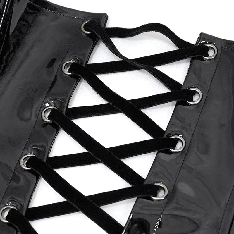 DEVIL FASHION Women's Punk Lace Splice Patent Leather Overbust Corset Black