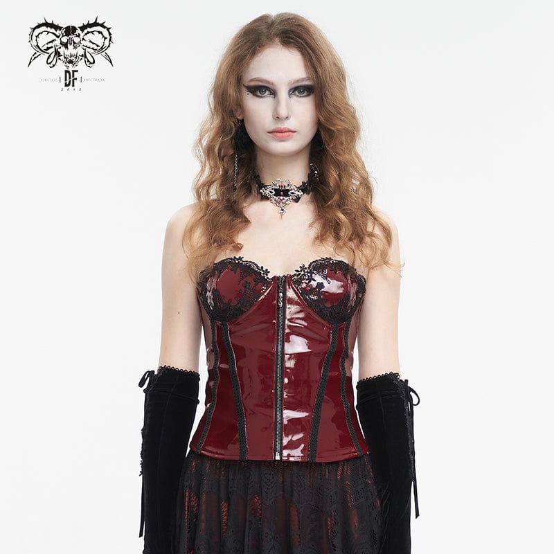 DEVIL FASHION Women's Punk Lace Splice Patent Leather Overbust Corset Red