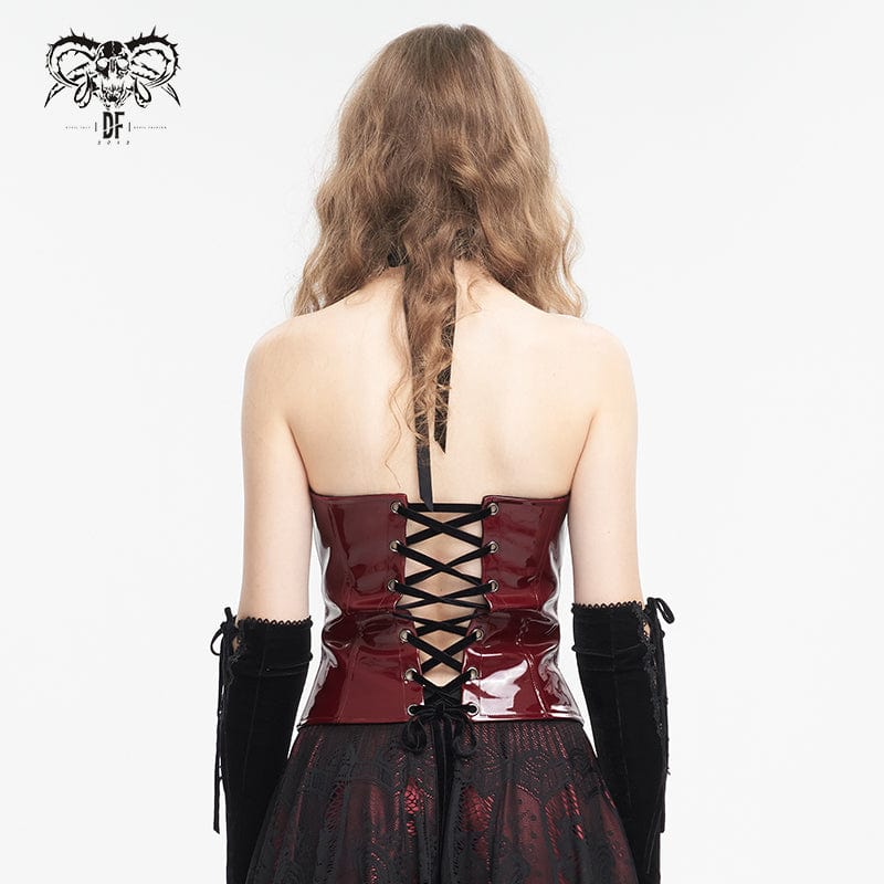 DEVIL FASHION Women's Punk Lace Splice Patent Leather Overbust Corset Red