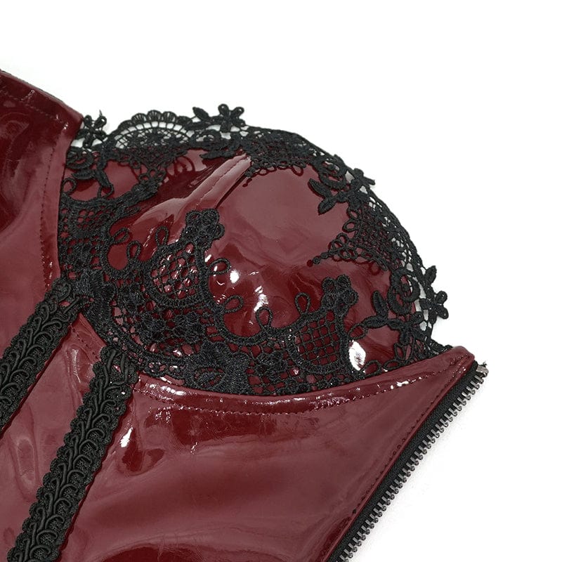 DEVIL FASHION Women's Punk Lace Splice Patent Leather Overbust Corset Red
