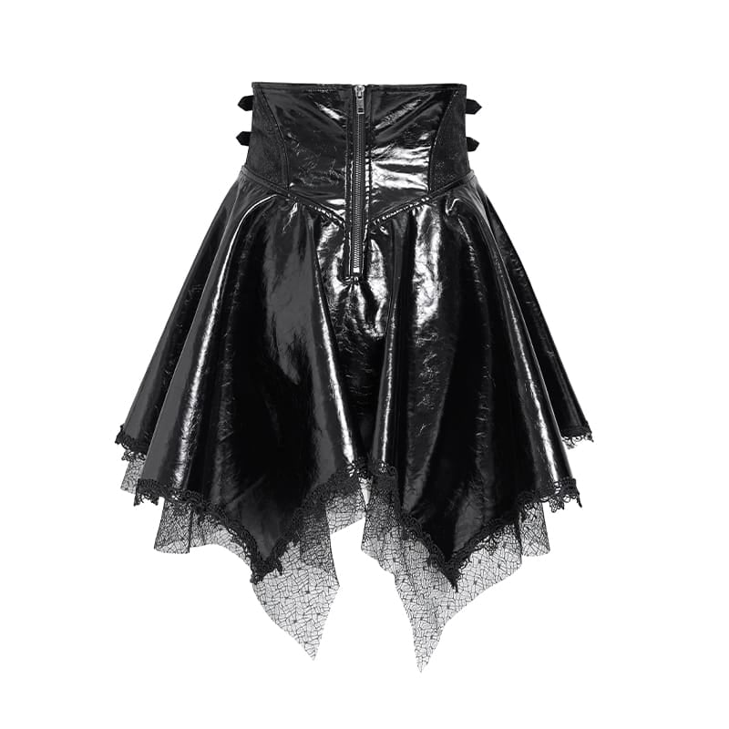 DEVIL FASHION Women's Punk Lace-up Bat Buckle Straps Asymmetric Skirt Black
