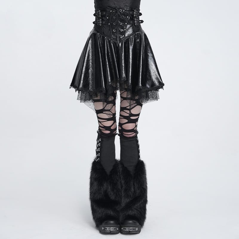 DEVIL FASHION Women's Punk Lace-up Bat Buckle Straps Asymmetric Skirt Black