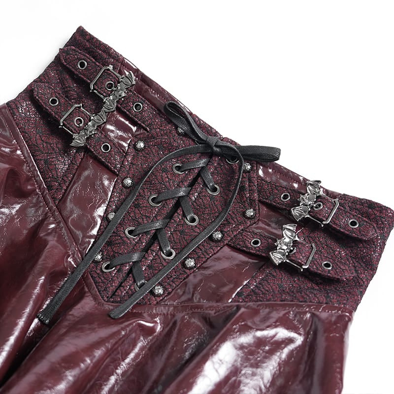 DEVIL FASHION Women's Punk Lace-up Bat Buckle Straps Asymmetric Skirt Red