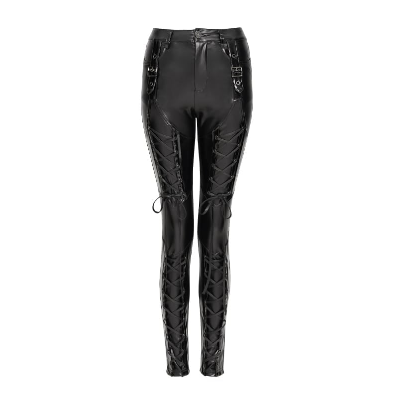 DEVIL FASHION Women's Punk Lace-up Buckle Strap Leggings
